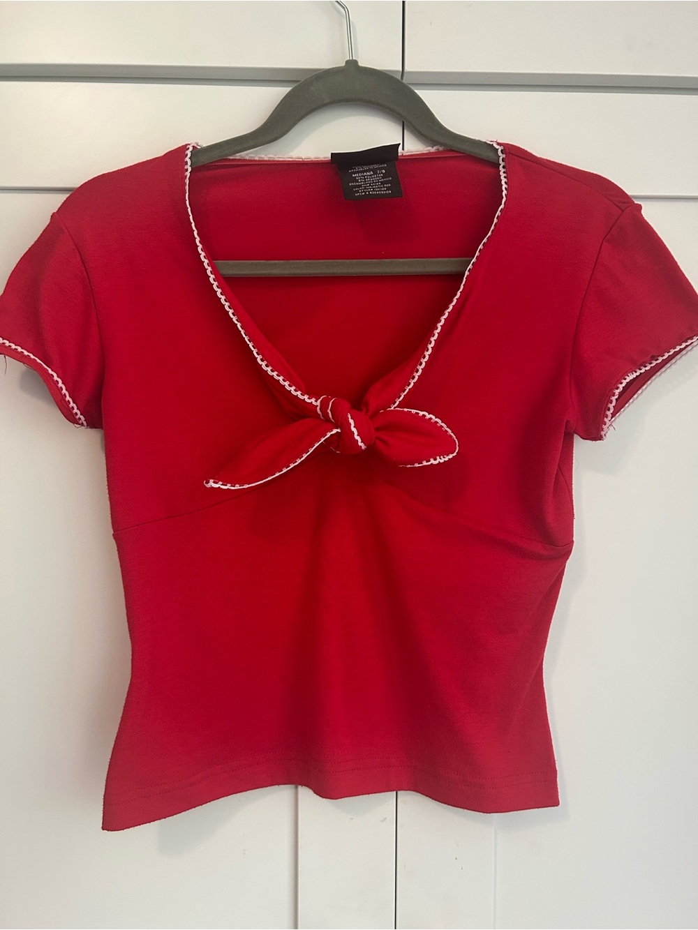 No Boundaries Red Tie-Front Crop Top with White Trim - Picture 1 of 4